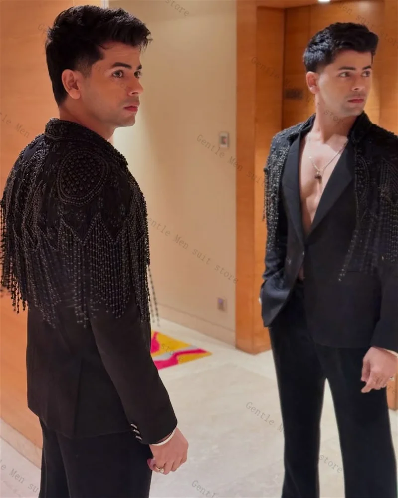 

Мужские костюмы с черными кристаллами и бисером, комплект из 2 предметов: пиджак + брюки, брюки, свадебные смокинги, хлопковые формальные офисные куртки по индивидуальному заказу, пальто