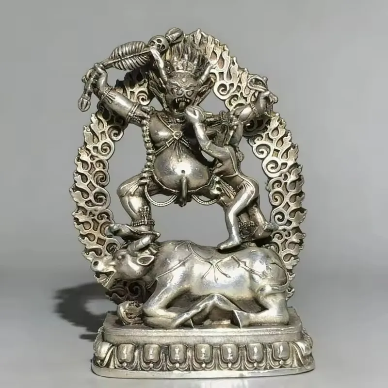 Antique White Copper Tibetan Dharma Protector Yan Mo Enemy Statue Home Worship Town House Fortune Crafts Feng Shui Ornaments