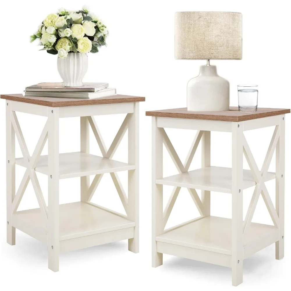 End Table Living Room Set of 2 - Farmhouse Bed Side Table Nightstands for Bedroom, Ivory White Small Side Table