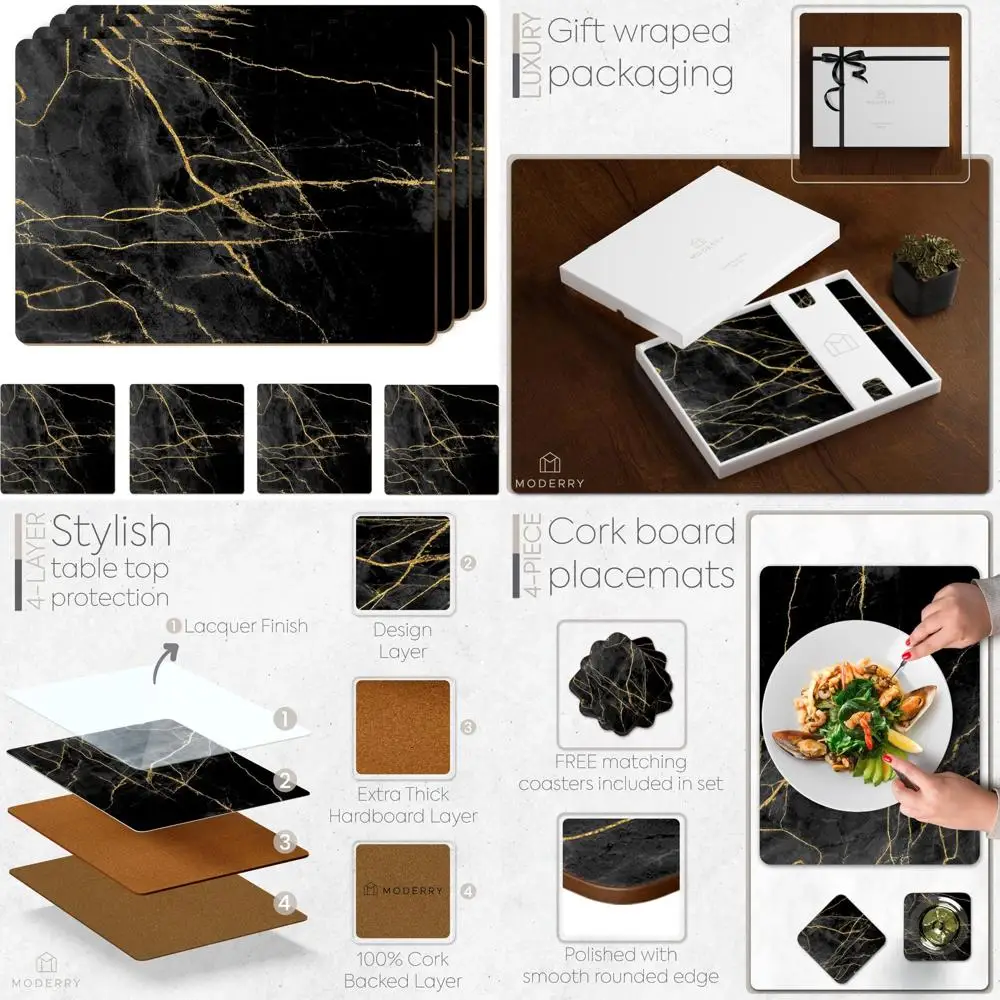

Heat Resistant Marble Cork Placemats Set of 4 with Matching Coasters, 16x12 Inches for Dining and Drink Protection