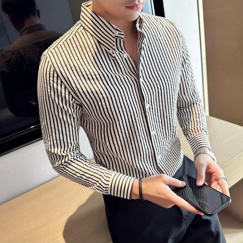 

Модная мужская рубашка с длинным рукавом и воротником-стойкой, в полоску, с эффектом текстуры, премиум-качество, вертикальные полосы