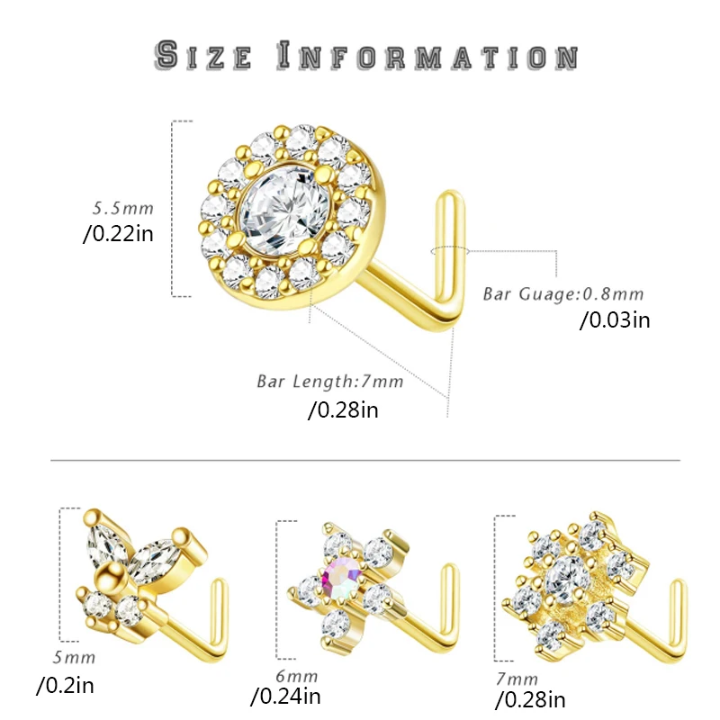 تشيكوسلوفاكيا فراشة ستار زهرة الأنف ثقب المجوهرات للنساء ، الأنف خواتم ترصيع ، L شكل مسامير ، 20 جرام ، 4 قطعة