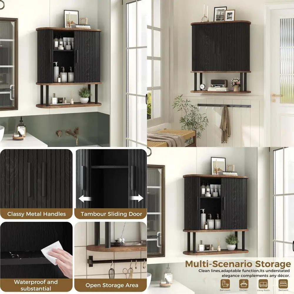 

Навесной шкаф над унитазом с 2 дверцами и регулируемой полкой, черный, экономия пространства для кухни, прачечной, гостиной