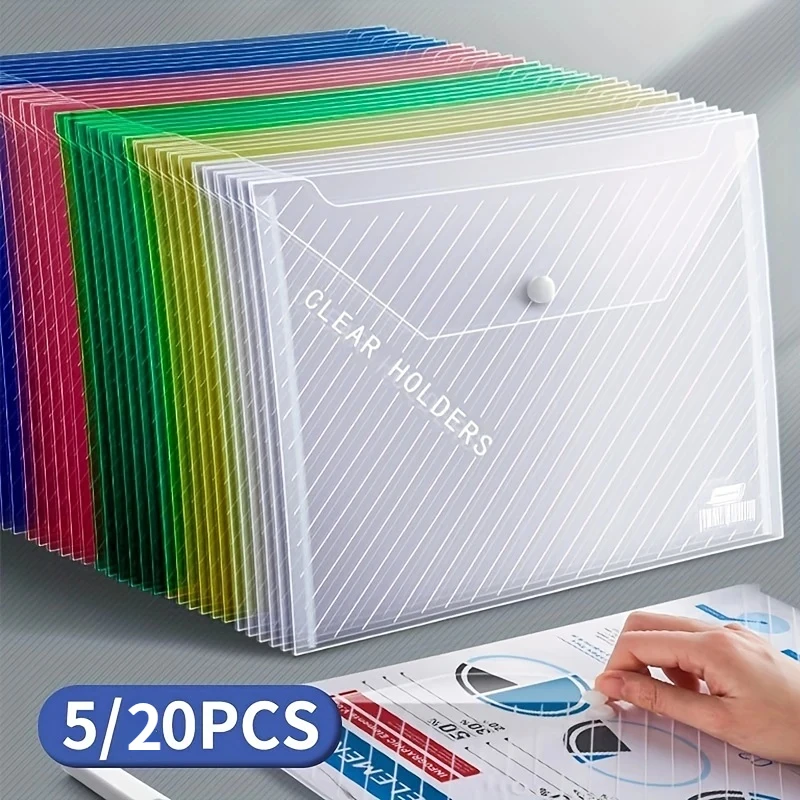 5/20pcs, A4 File Bag, Clear Plastic, Large Capacity And Snapshot Button, Perfect For School Office And Home
