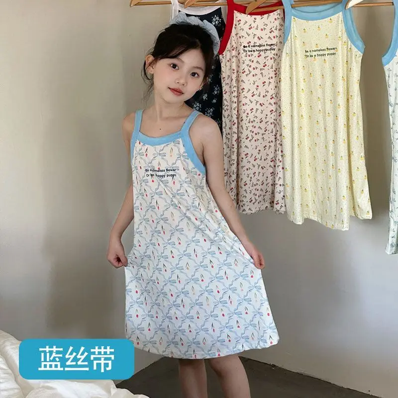 2026 New Ice Silk Cooling Feeling Girls Summer Sleep Dress Spaghetti Strap Kids Pajamas Homewear for Little Girls Home Dress