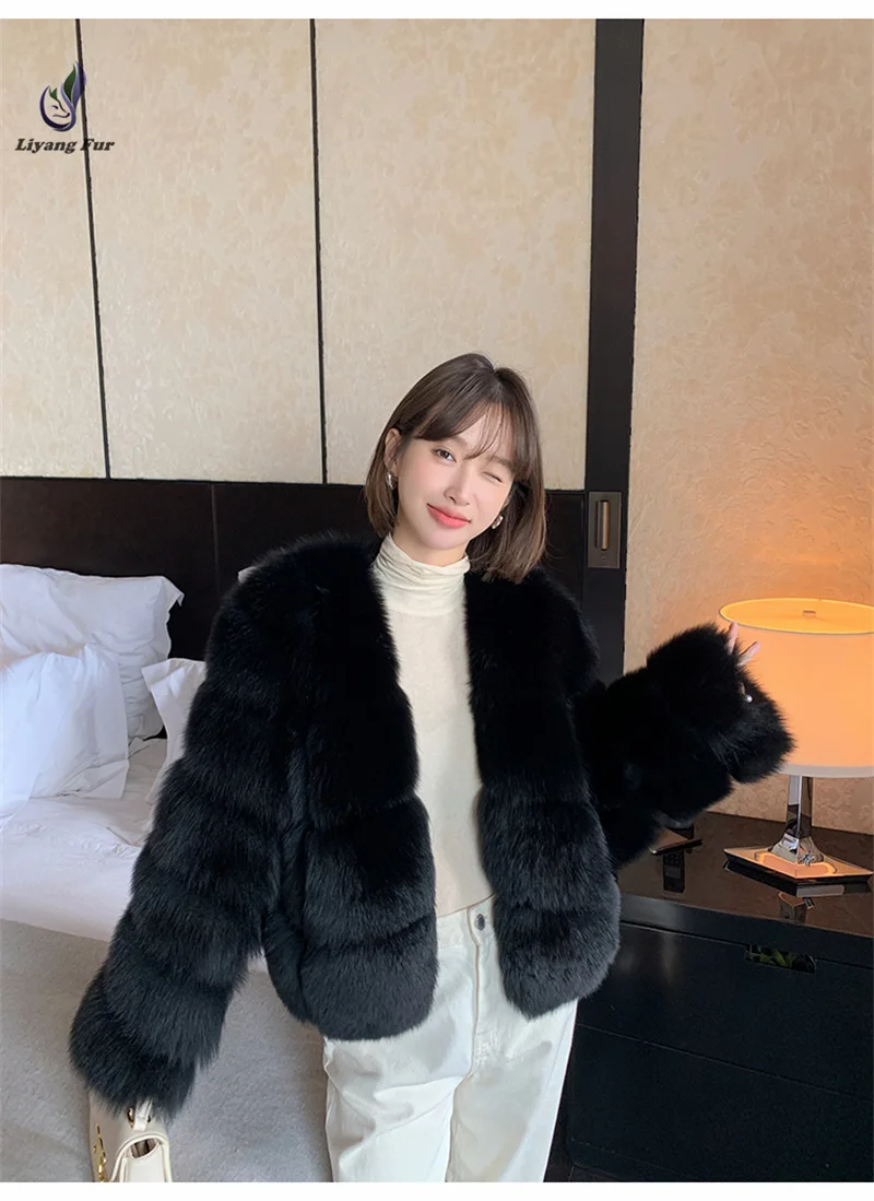 Wholesale Women Winter Black Fox Fur Coat Winter Warm Luxury Real Fox Fur Coat