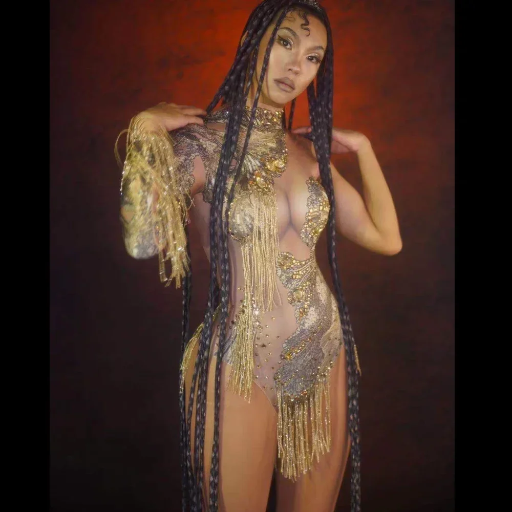 Body Sexy bleu et jaune à manches simples avec strass brillants pour femmes, vêtements de danse sur poteau pour Bar DJ, Costumes de traînée sur scène