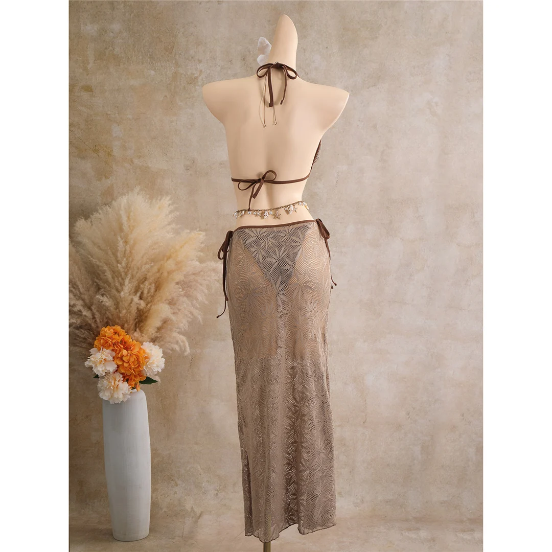 Mit Rockblättern bedruckter Neckholder-Bikini, Damen-Badeanzug, dreiteiliges Bikini-Set, Badebekleidung, Badeanzug, Schwimmbekleidung V8419 – Detail 12