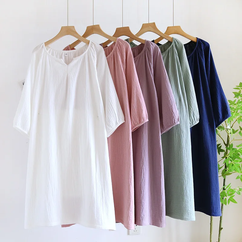 Women's Long Skirt Solid Color Crepe Nightdress Cotton Home Dress sleepwear