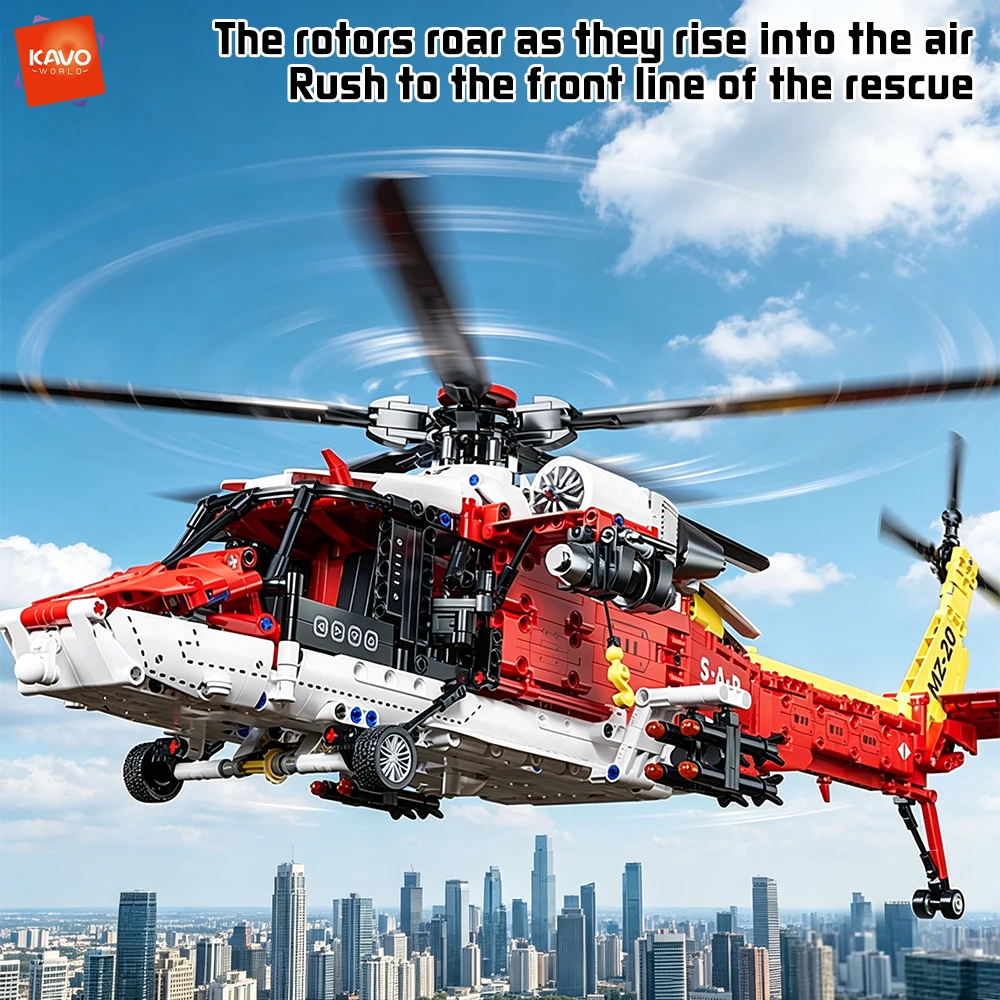 KAVOWORLD 1528PCS High Simulation Coast Rescue Helicopter Building Bricks DIY Puzzle Aircraft Model Birthday Gifts for Children