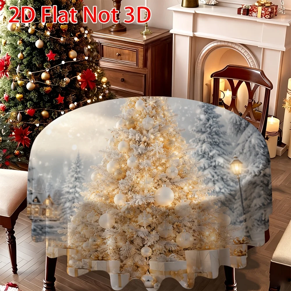 2D flat, JIT, 1pc, tablecloth, golden Christmas tree snow gift, patterned decorative round tablecloth,
