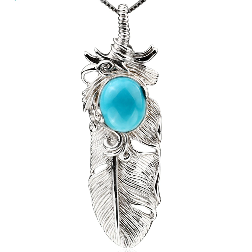 

Natural Turquoise sleeping beauty 10*12 mm 5ct Feather 925 Silver Pendant Retro Personality Classic National Feather Necklace