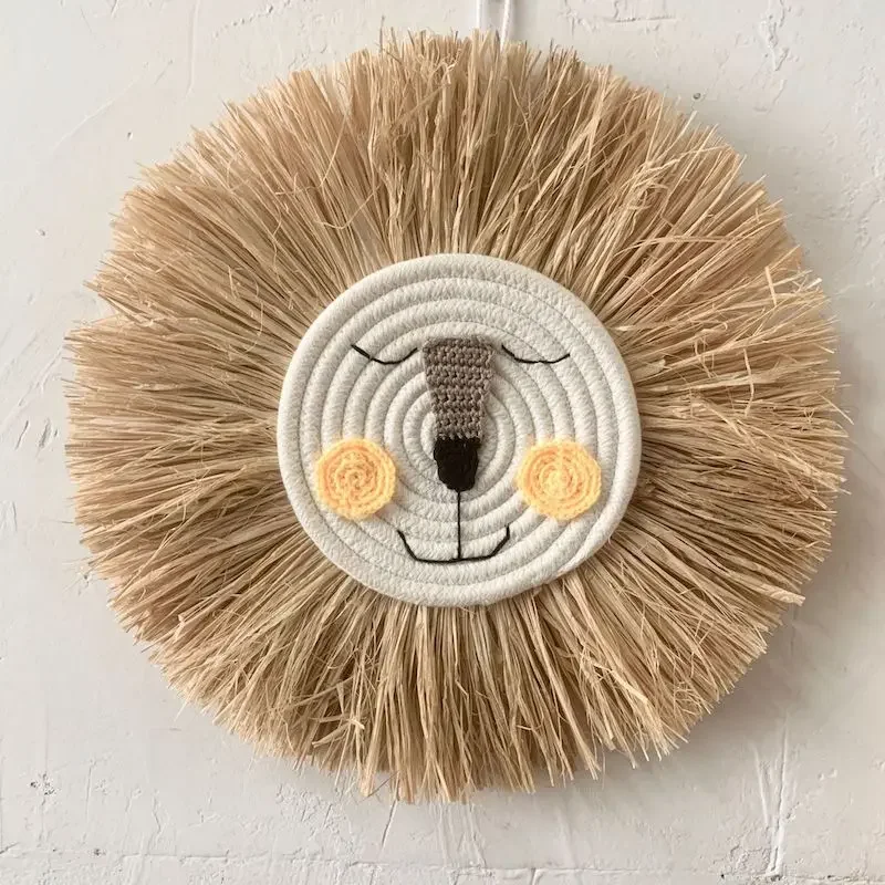 INS Nordic Handmade Cartoon Round Lion Hanging Decorations Cotton Thread Raffia Animal Head Ornament Children Room Wall Mounted