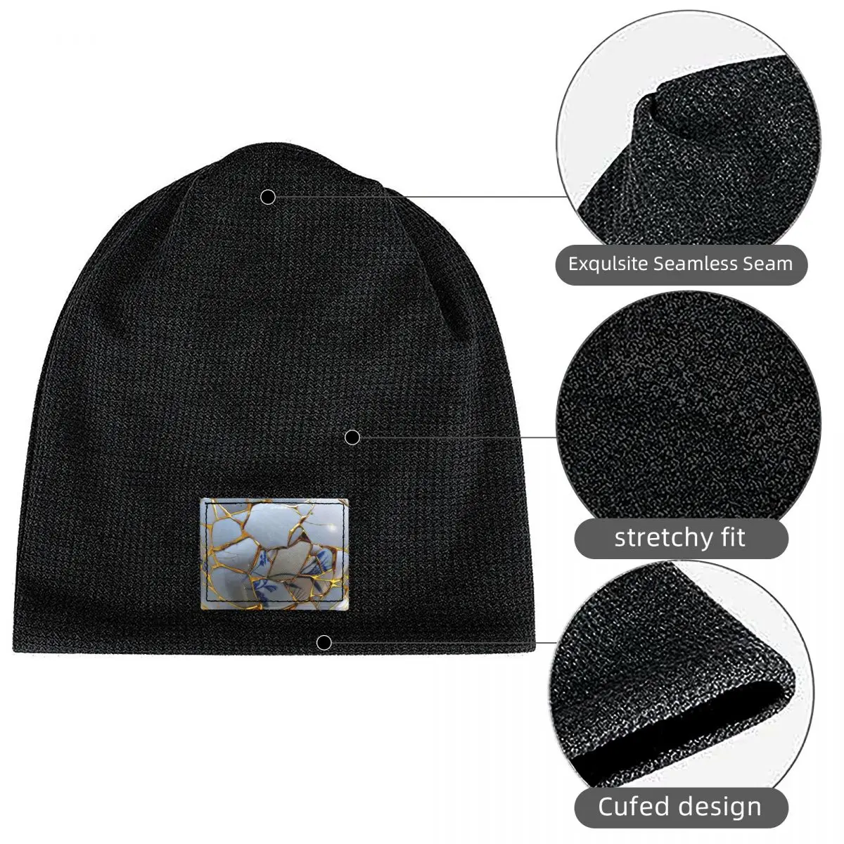 Kintsugi Waffle Knit Fleece Lined Beanie with PU Leather Patch Unisex Warm Winter Soft Cap