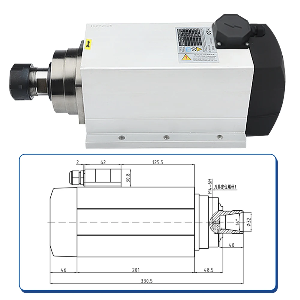 4.5KW ER25ER32 Square Air Cooled Square Spindle 220V 380V 3phase 18000RPM With Terminal Box or Aviation for CNC Engraving Router