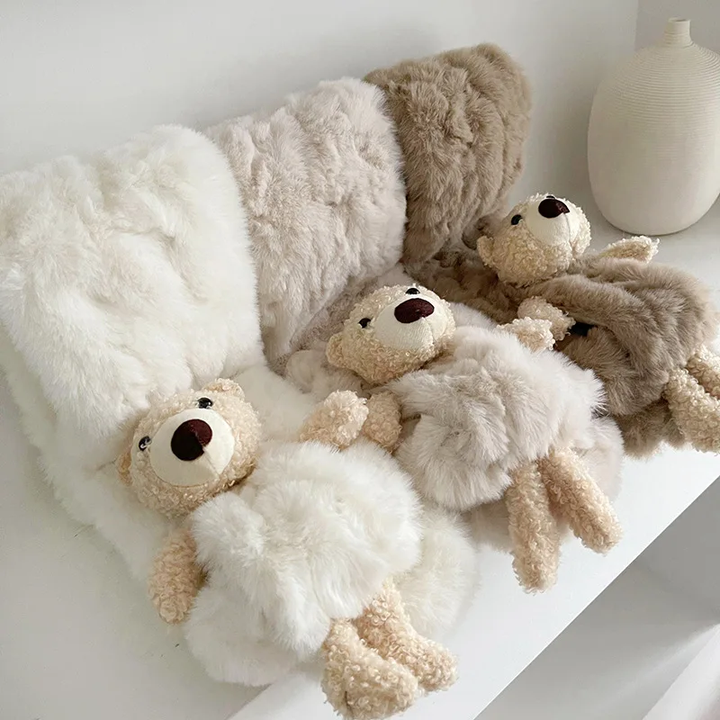 Kids Neck Warmer Cute Bear Plush Soft Faux Fur Adjustable Lightweight Winter Cross Scarf for Girls Toddler Daily Gift