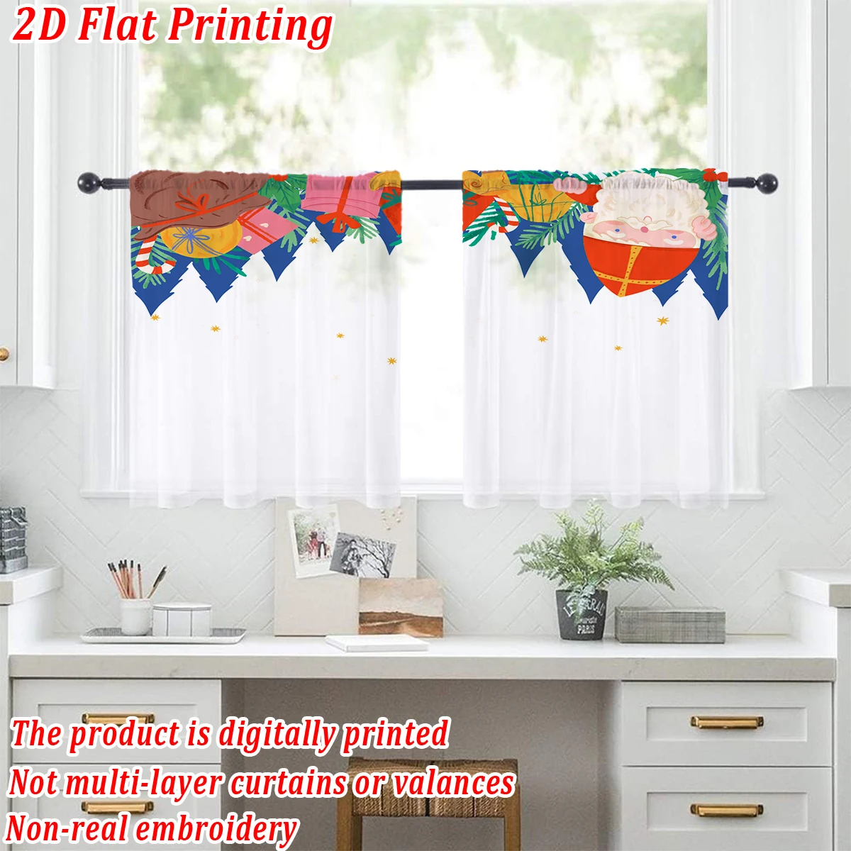 Christmas Flat Printing Kitchen Sheer Curtain with Christmas Santa Claus Trees Gift Box Candy For Christmas Home Decor  Party