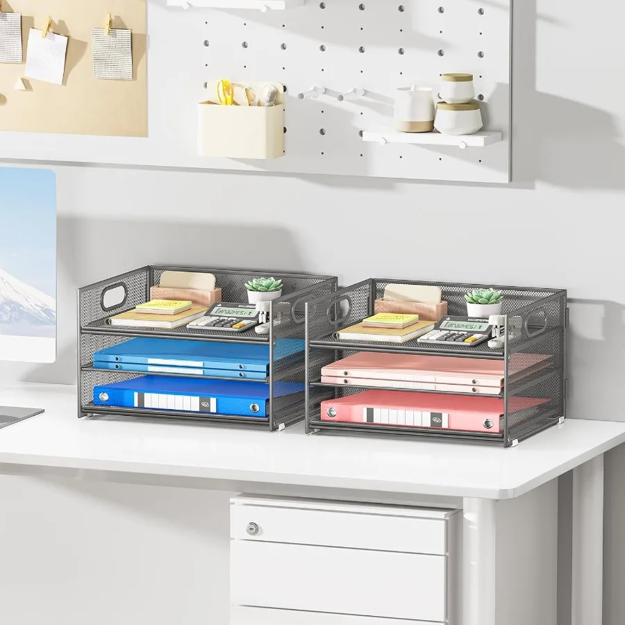 2-حزمة 3-Tier رمادي شبكة معدنية مكتب ورقة رسالة صينية ملف فارز المنظم مع مقبض + 1 صينية منزلقة لمكتب المنزل مكتب Sc #5