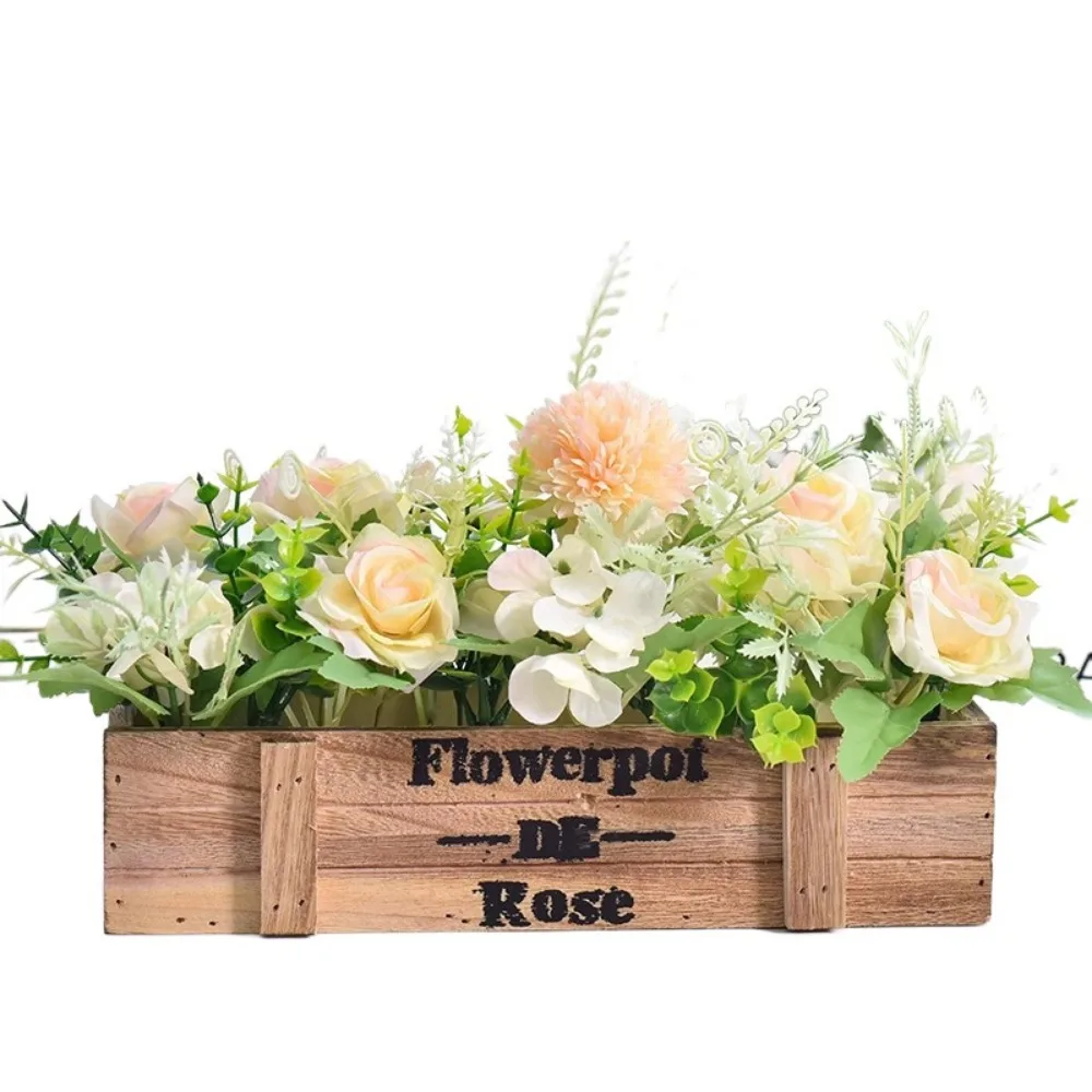 

Rectangular Artificial Flower Decoration Wood Planter Box Sunflower Rose Potted Plants Artificial Decor Clear Outline