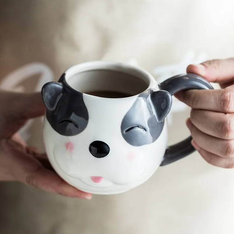 Creative Puppy Expression Coffee Mugs Embossed Animal Cup 300ML Ceramic Couple Water Cup Cartoon Pet Breakfast Mug Home Mug Gift