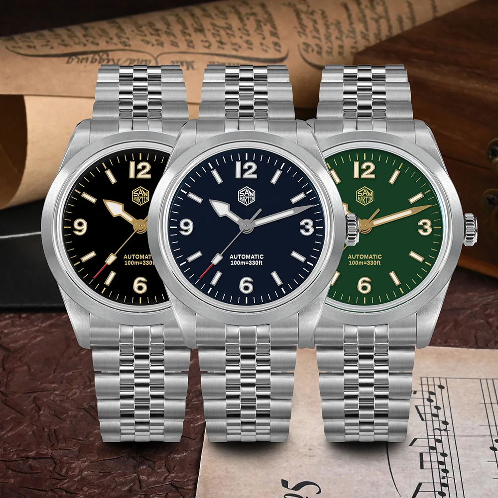 San Martin 38 mm Herren-Sportuhr, modisch, luxuriös, erkunden Klettern, automatisch, mechanisch, Saphirglas, wasserdicht, 5 Glieder, Armband BGW-9