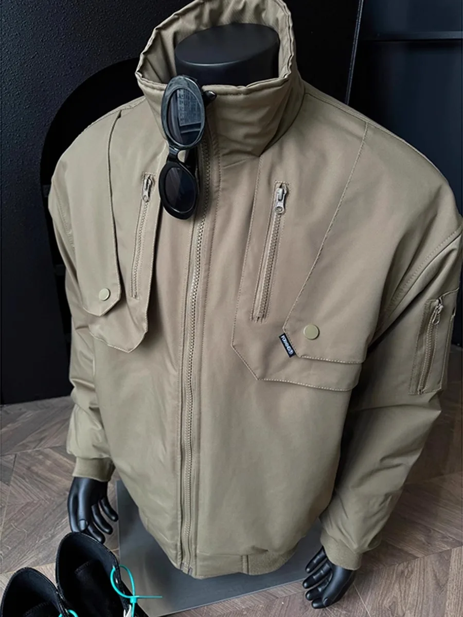 

Khaki Bomber Pilot Jacket Men's Winter Short Cotton Jacket Hard Man Workwear Style Outerwear Warm Thick Long Sleeve Baseball ...
