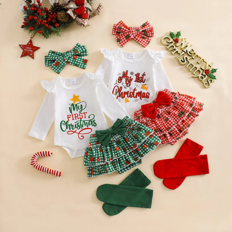 

Christmas Newborn Baby Girls Skirt Suit Long sleeve Kids Tree Plaid Princess Skirt Socks Four-piece Set for Children's Clothing