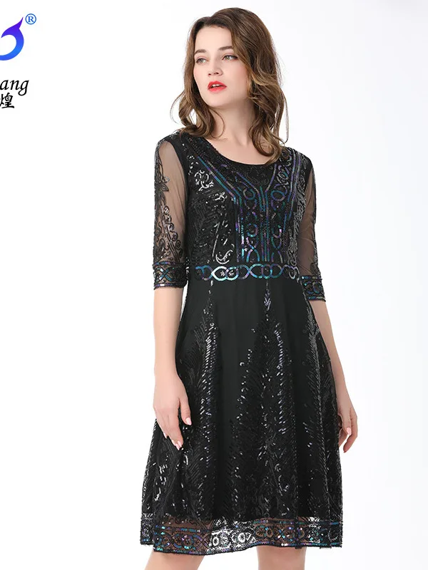 1920s Party Sequins Medium Sleeve Mesh Dance Dress Retro A-line Dress Gatsby Evening Dress Stage Performance Costume