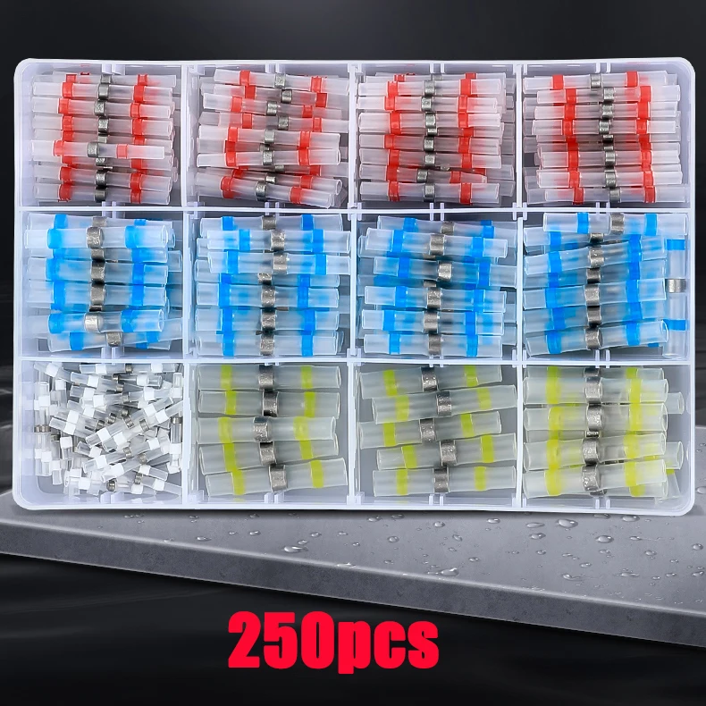 250pcs Heat Shrink Butt Crimp Terminals Waterproof Solder Seal Electrical Connectors Wire Cable Splice Kit for Automotive Marine