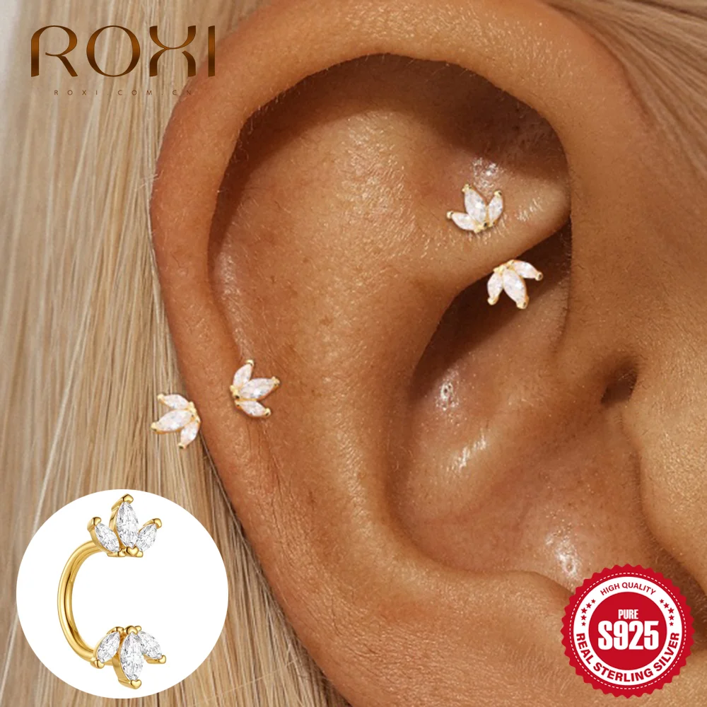 ROXI 1PC Gold S925 Silver Dainty Multi Shape CZ Cartilage Stud Tiny Star Tragus Piercing Aesthetic Earring Daily Occasion Wear