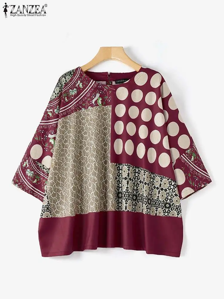 ZANZEA Fashion Round Neck Loose Tunics Women Printed Blouse 2024 Autumn Retro Bat 3/4 Sleeve Tops Holiday Oversized Shirts Femme