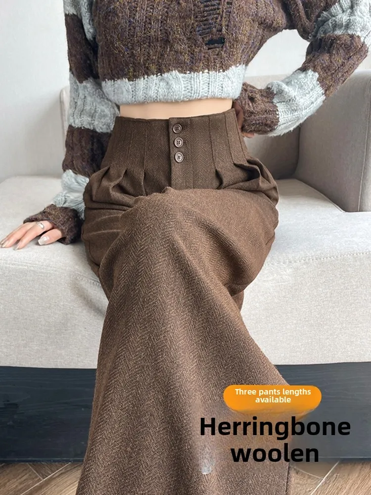 

Женские шерстяные брюки цвета хаки с узором «клетка», с высокой талией, широкими штанинами, утепленные, осенне-зимние, длинные, в пол