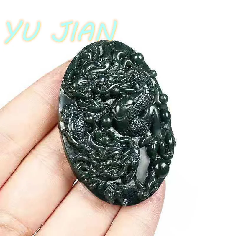 

New Natural Hetian Pendant Domineering Chinese Zodiac Dragon Jade Necklace Flying Double-Dragon Play Pearl Chain Fine Jewelry