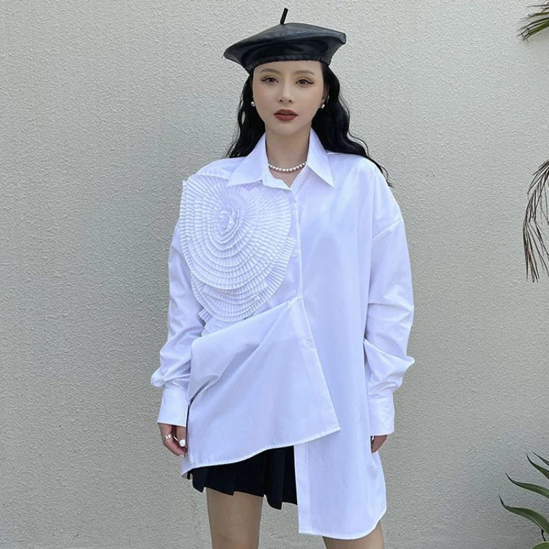 A Sense of Niche Design Polo Collar Pleated Three-dimensional Flowers Long-sleeved Shirt Top French Loose Shirt Woman