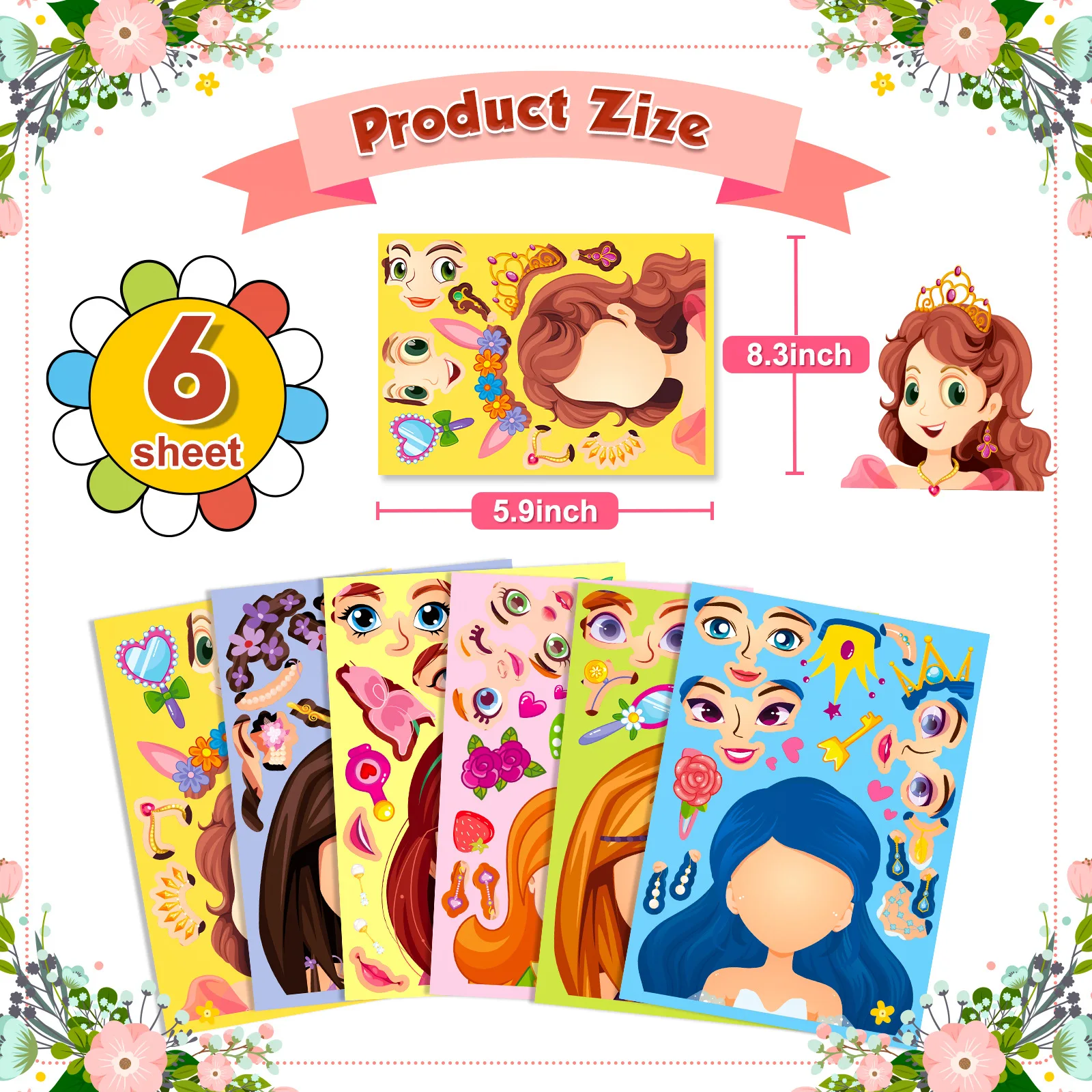 6-42Sheets Children DIY Puzzle Sticker Games 6 Princess Mermaid Make A Face Funny Assemble Jigsaw Stickers Kids Educational Toys