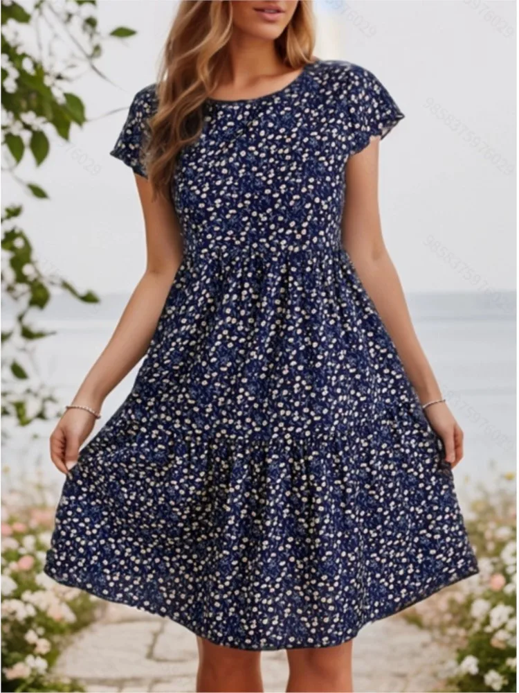 

Casual Print Loose Dress Lady Fashion O-Neck Short Sleeve Pullover Dresses For Women Summer Boho Holiday Womens Clothing New