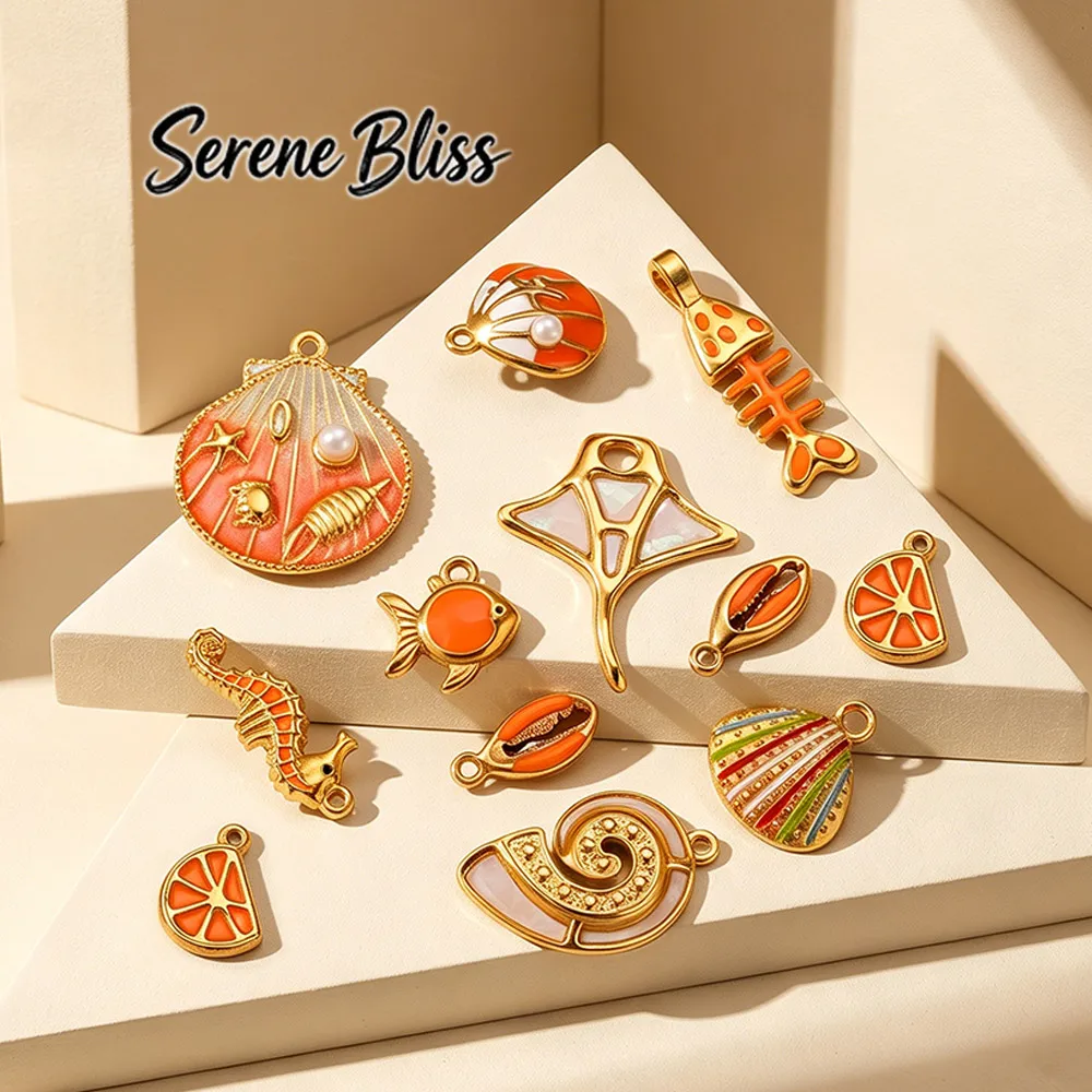2/3/4/5pcs Stainless Steel Orange Enamel Charms Conch Shell Diy Earrings Woman Bracelet Necklace Jewelry Making Material Finding