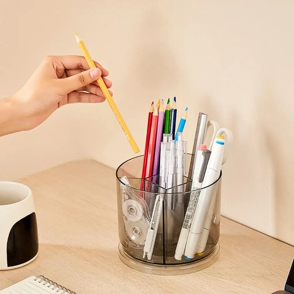 360° Rotation Rotatable Pen Holder 5 Grids Space Saving Pencil Storage Box Large Capacity PET Makeup Brush Organizer Student