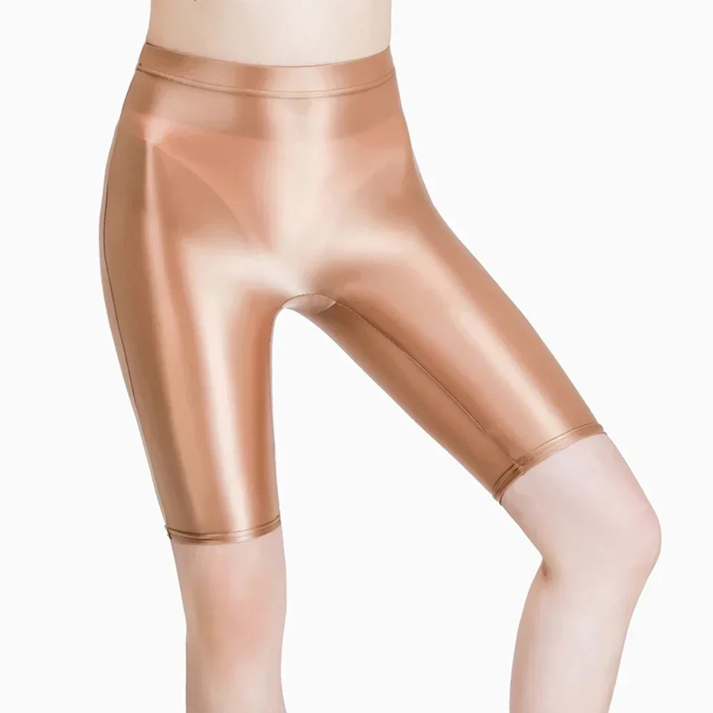 Mujeres Sexy aceitoso brillante ver a través de pura brillante húmedo suave elástico Leggings pantalones cortos lisos pantalones cortos de Yoga para