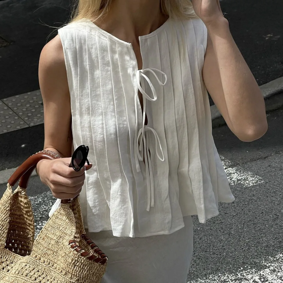 

Summer New Women's Tie Front Pleated Blouse Sleeveless Ruffle Hem Cotton Linen Casual Tank Top Boho Beach Top