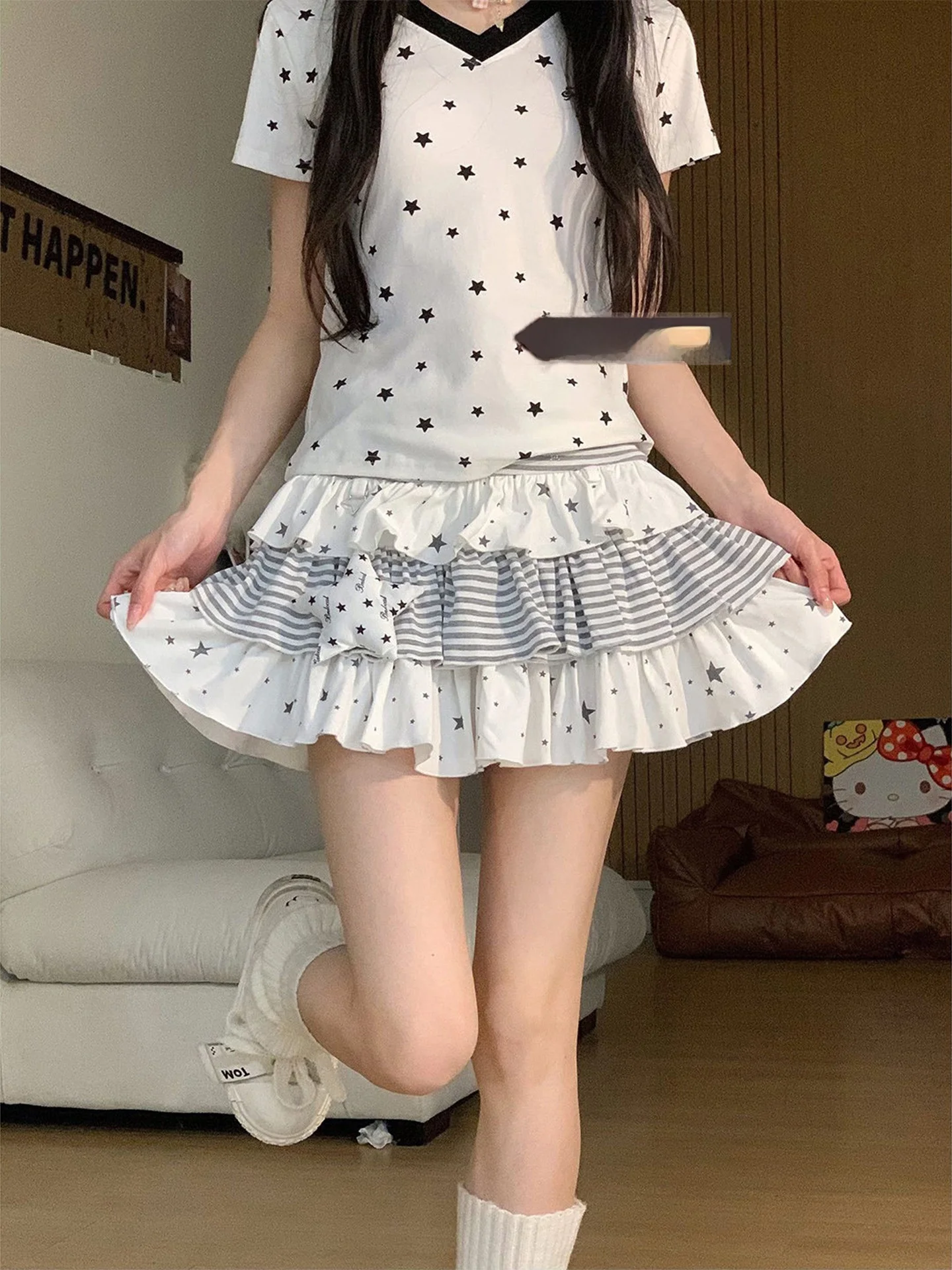 Y2K Spicy Girl Print Star Stripe Patchwork Pleated Skirt Women Summer Lightweight Cake Style Short Skirt Versatile High Waist