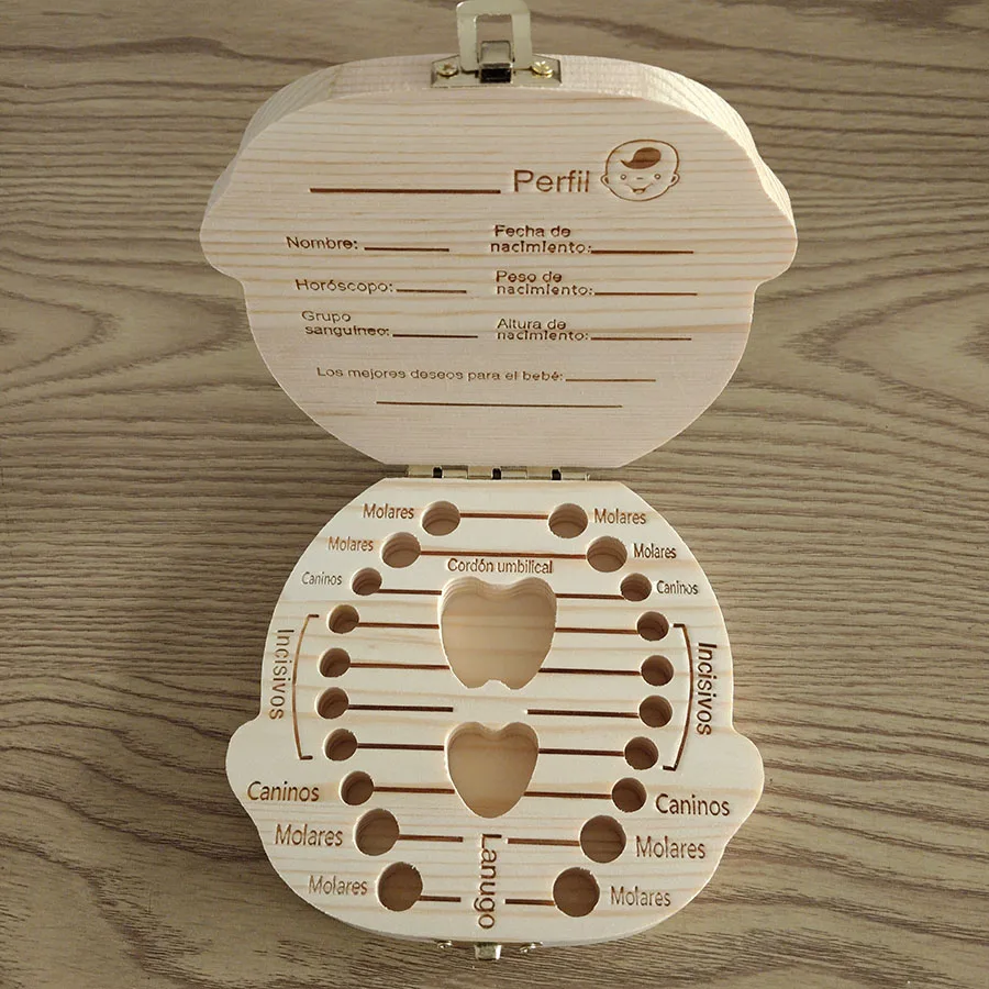 صبي فتاة الإسبانية صندوق تخزين الأسنان الخشبية الأسنان صندوق خشبي الحبل السري صندوق جمع الأسنان الرضع والأطفال صندوق تذكارية