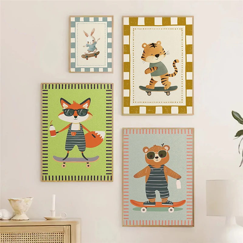 Skateboarding Alligator Fun Animal Nursery Poster Leopard Sunglasses Skater Duck Prints Canvas Painting Wall Pictures Home Decor