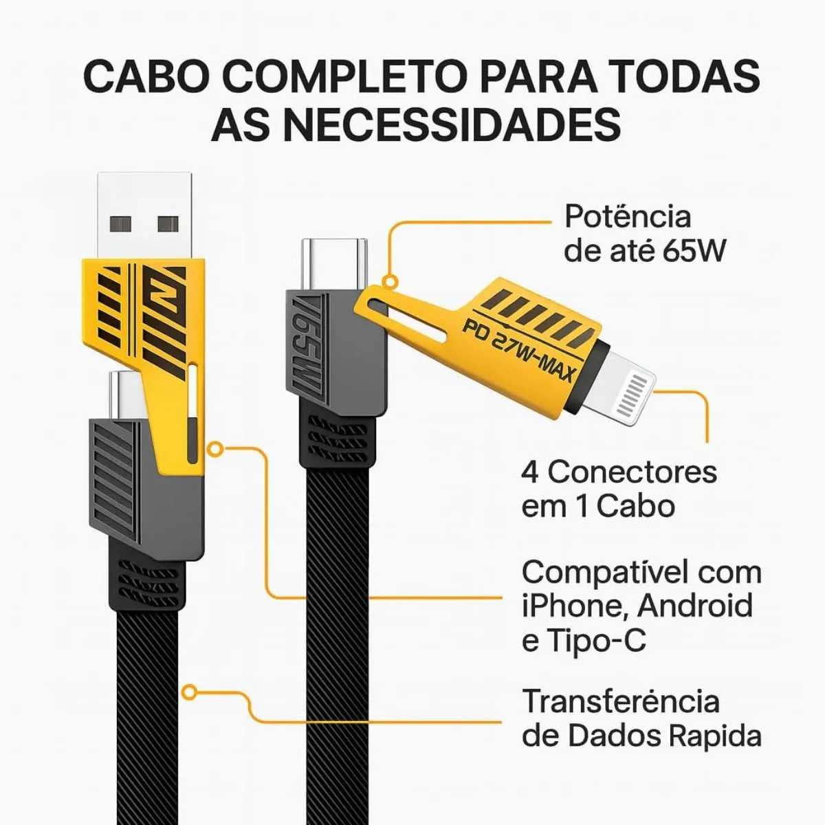 4 em 1  65W Carga Turbo Rápido Tipo-C e USB-A Compatível com for iPhone, for Android e Smartphones