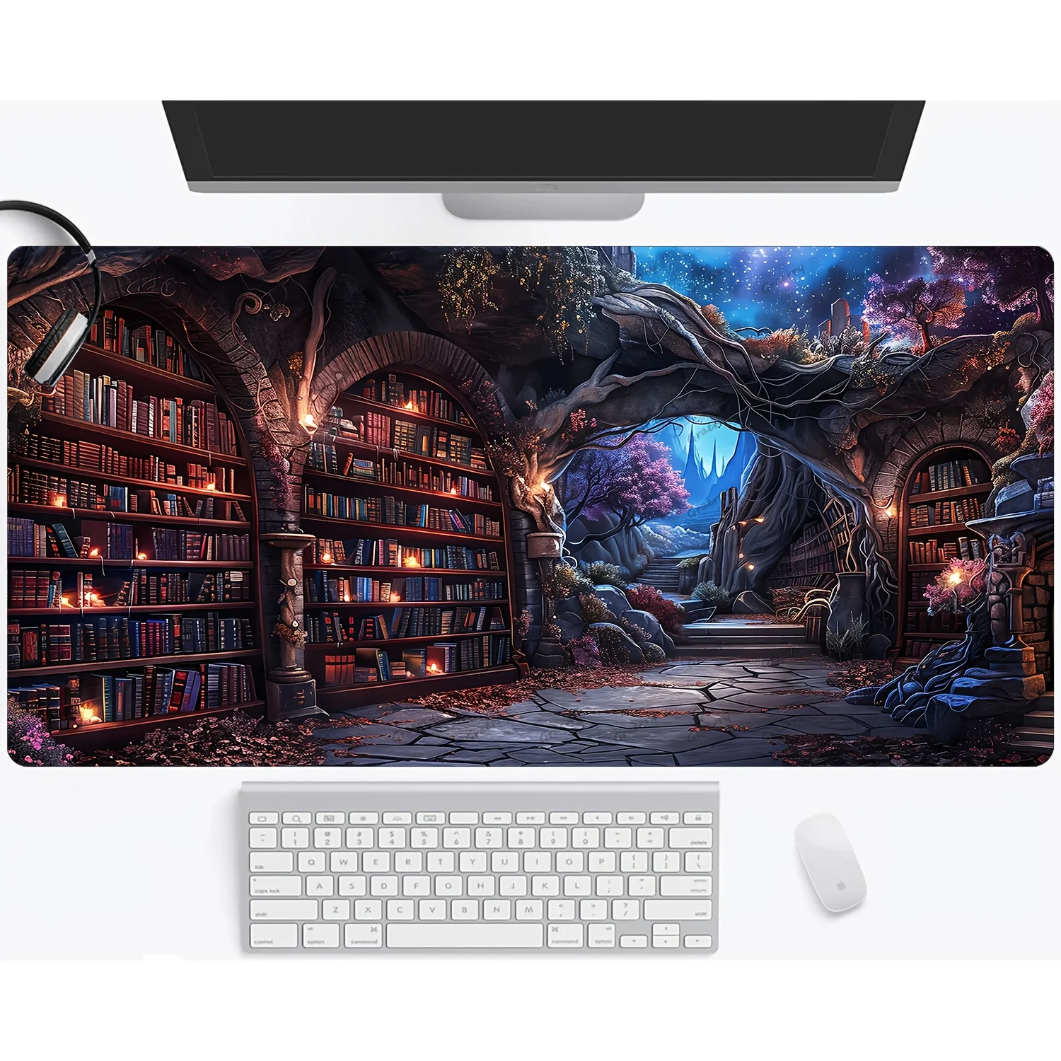 Enchanted Mystic Archive Library Desk Mat Large Fantasy Bookshelf Mouse Pad Non-Slip Rubber Base