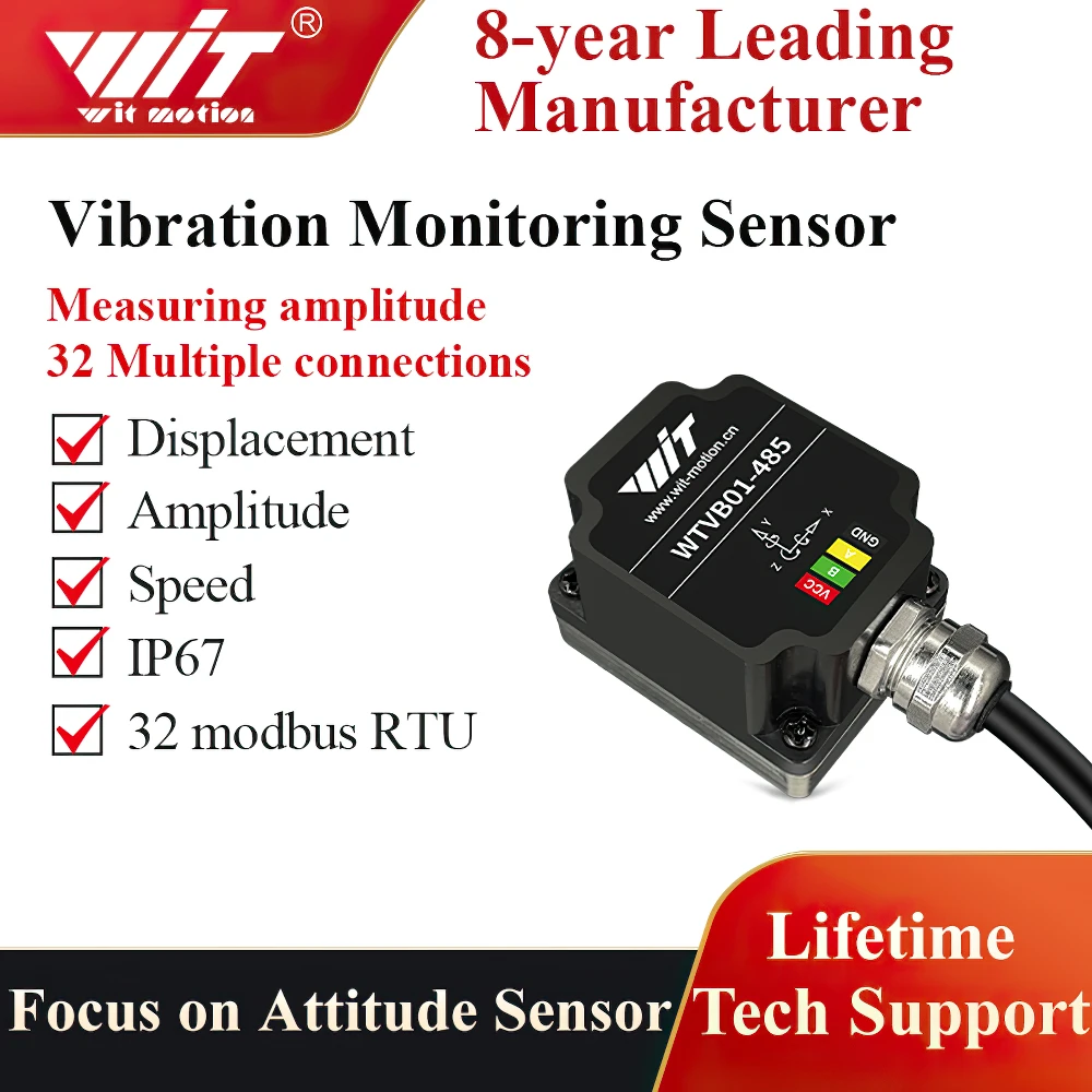 WitMotion WTVB01-485 – czujnik wibracji 3-osiowy, klasa IPX8, z interfejsem Modbus, do pomiaru przemieszczenia, prędkości i amplitudy, przeznaczony do analizy pracy łożysk pomp i silników. — zdjęcie produktu 7