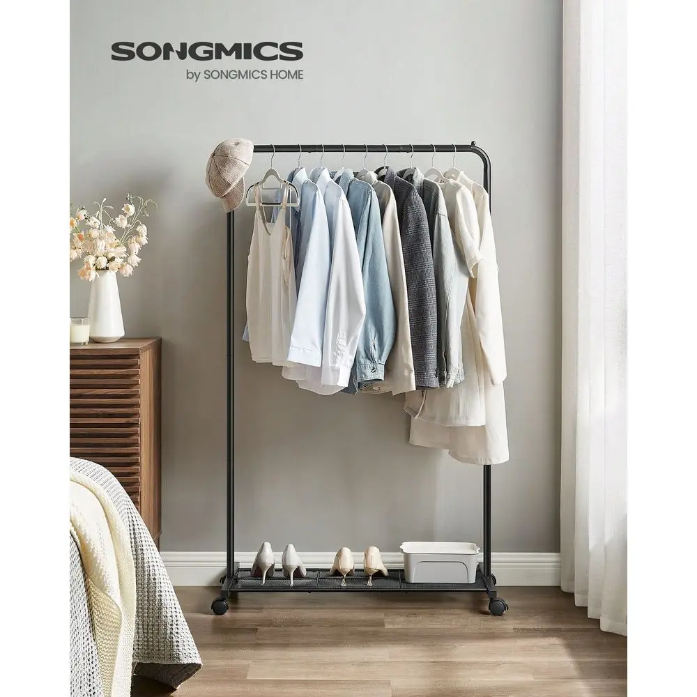 

Clothes Rack With Wheels, Clothing Rack For Hanging Clothes, 25.4 Mm Metal Garment Rack With Dense Mesh Storage Shelf, 110 Lb L