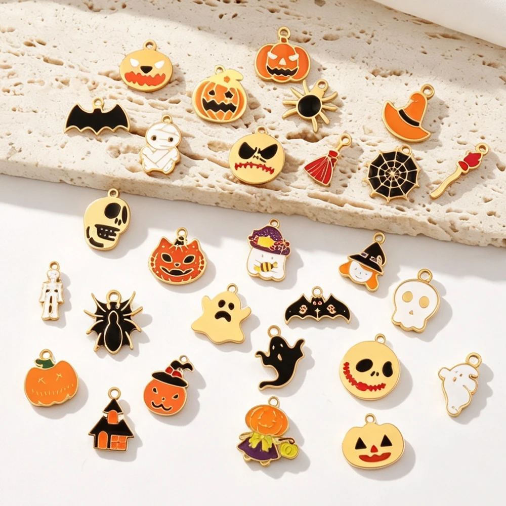 2pcs Stainless Steel Pumpkin Skull Ghost 18K Gold Plated Hat Pendant Halloween Fun Party Accessories Charms Findings