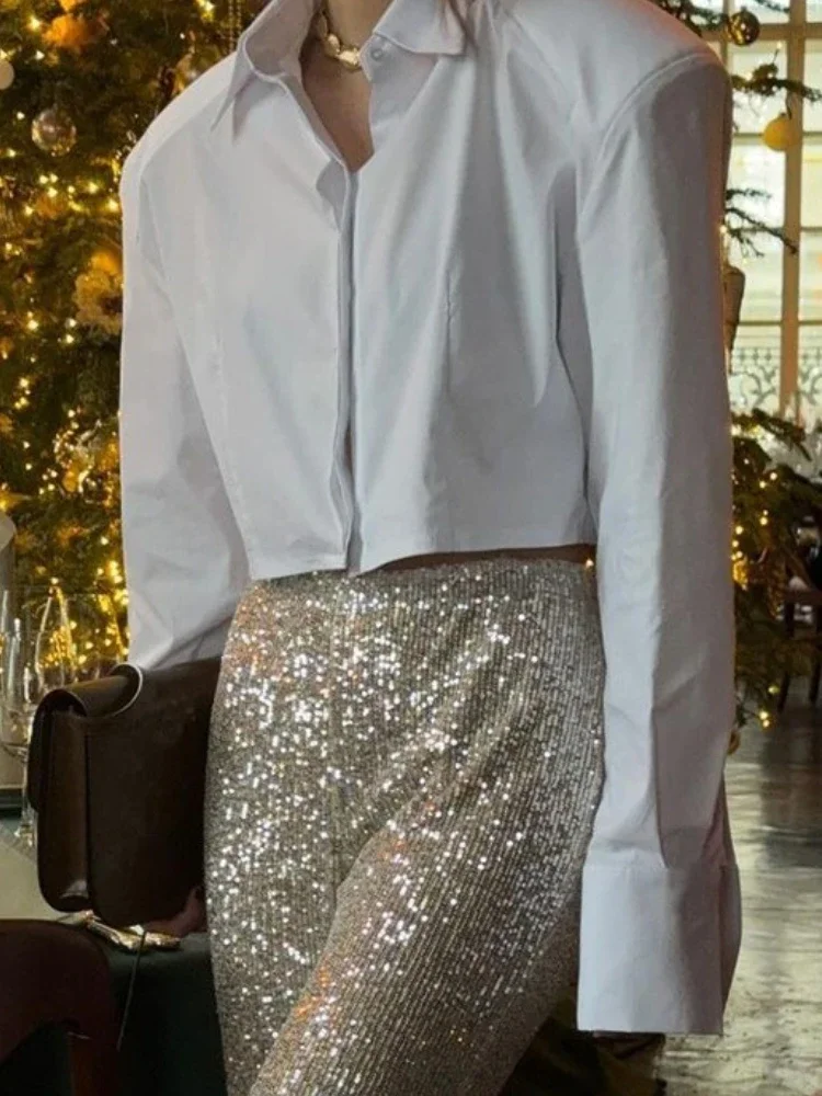 

2025 White Turndown Collar Commuter Short Shirts For Women Long Sleeves Patchwork Cardigan High Waist Clothes Female Blouse Top