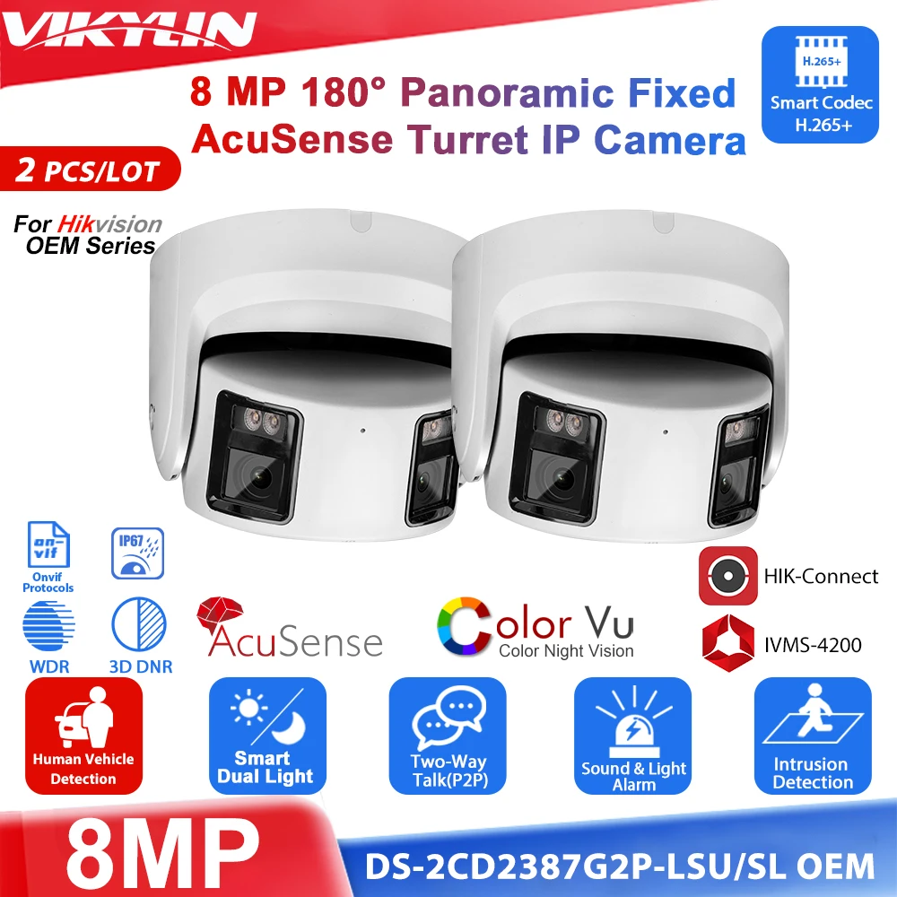 Vikylin 8MP Dual Lens 180° Panoramic IP Camera for hik OEM Two way Audio SMD Dual Light Source POE Security Camera Acusense IP67